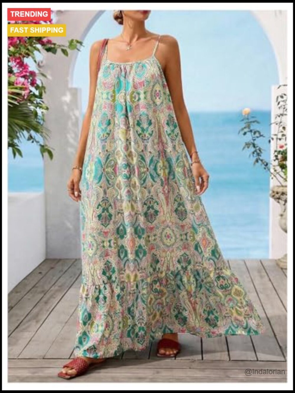 Boho Geo A-Line Maxi Dress Backless Flowy Summer Vacation - Picture 4 of 5